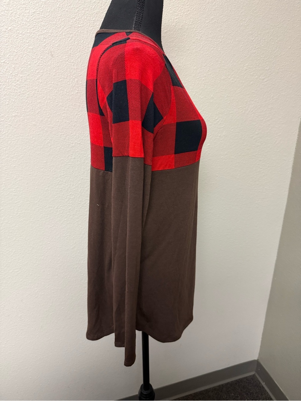 Zenana Buffalo Plaid Color Block Long Sleeve Top Small Rustic Fall Cozy Tee - Picture 3 of 7